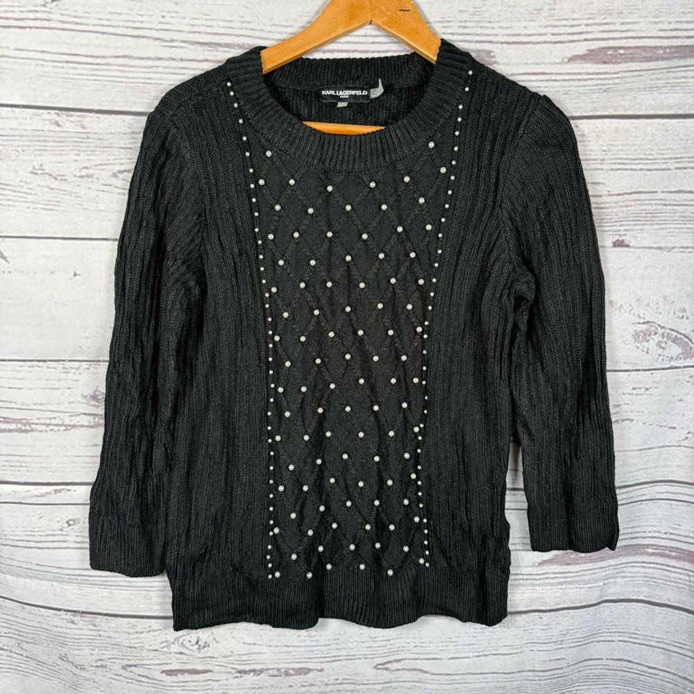 Karl Lagerfeld Black Knit Sweater Pearls embellishment Size S